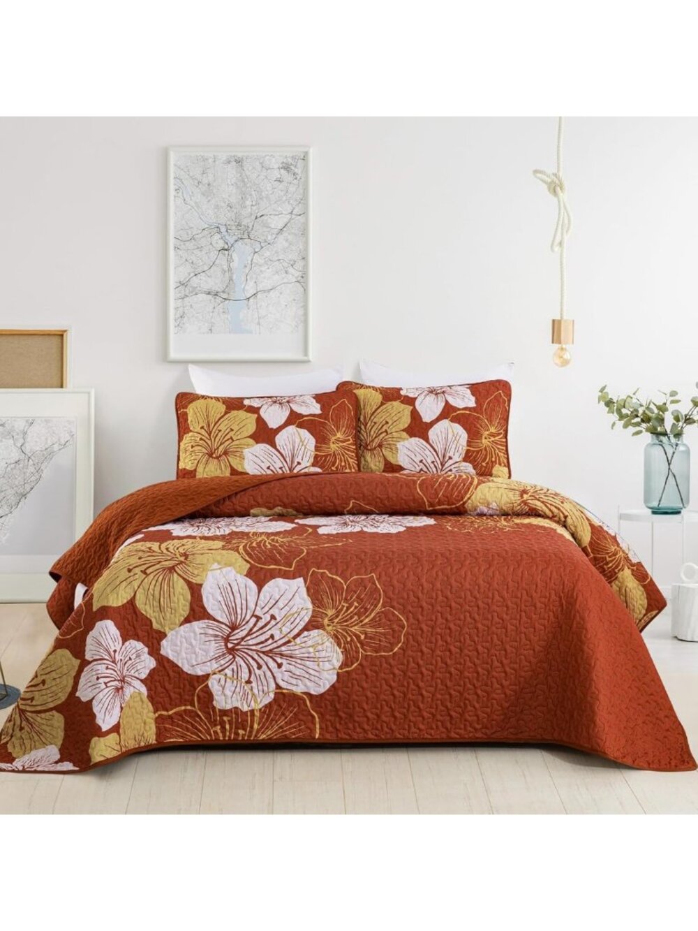 California King Floral Quilt Bedding Set - 3 Piece Fall Bedspread for Cozy Decor
